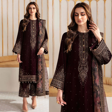 zab961 Winter Unstitched 3PCs Velvet Embroidered Dress With Embroidered Organza Dupatta